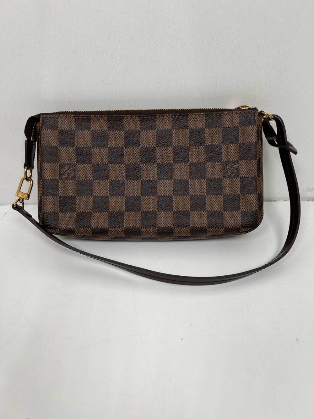 Louis Vuitton Damier Ebene Pochette Shoulder Bag Zip, Strap, Gold HW, Red Lining